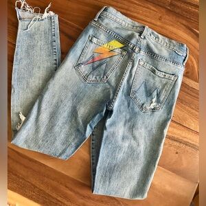 Mother The Stunner Ankle Step Fray Jeans Lightening Bolt Size 24